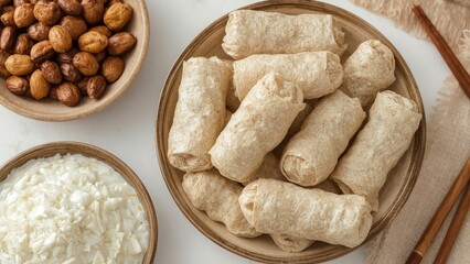 Fototapeta premium Plate of spring rolls, chopped onions, and hazelnuts on a table, Asian cuisine, traditional food, appetizing dish.