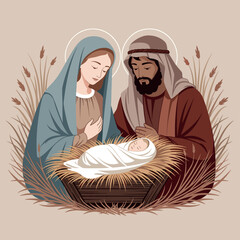 Vector illustration of Nativity scene with Mary, Joseph and baby Jesus sleeping in manger with wheat. Concept of Christian faith, Christmas miracle and religious holiday