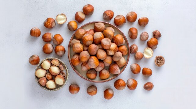 Fresh raw hazelnuts in shells and shelled on a plate top view. Generative AI - Powered by Adobe