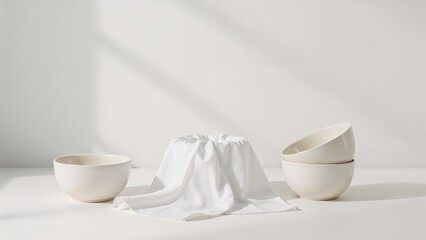 Three ceramic bowls with a white cloth covering an object, on a minimalistic white surface with soft shadows.