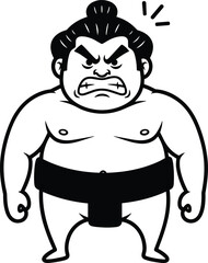 Angry cartoon sumo wrestler illustration showing traditional pose, strong Japanese fighter character perfect for martial arts, sports design and cultural artwork