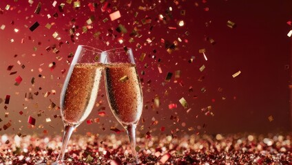 Champagne glasses toasting with falling confetti on a red background
