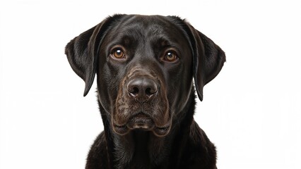 Fototapeta premium Portrait of a black dog with amber eyes, facing forward, with a white background. Close-up image. Canine breed, headshot, animal face.