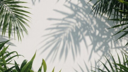 Fototapeta premium Shadows of palm leaves and green plants on a plain background.