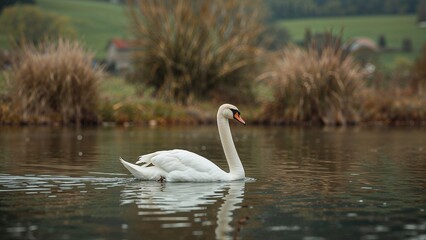 Obraz premium A white swan swimming on a body of water with a rural landscape in the background.
