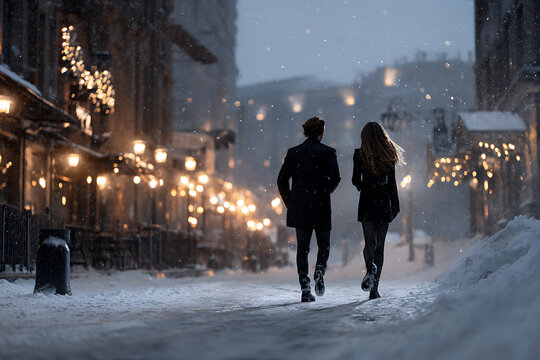 winter city escapade, couple explores festive old town streets amidst gentle snowfall for an urban winter sightseeing experience - Powered by Adobe