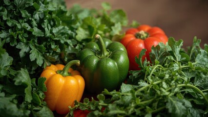Colorful bell peppers among lush green vegetables. Fresh produce, healthy eating, and garden harvest. The concept of fresh vegetables and healthy food choices.