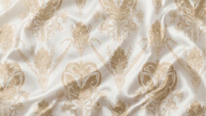 Silk fabric with flowing ivory folds and repeating floral/leaf pattern in tan