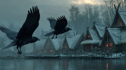 Obraz premium Black crow flying over a winter viking village by the water with snowy roofs. Ancient nordic settlement with mist and ominous mood.