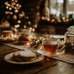 Tea cup with cookies on wooden table for Winter season. Christmas day or New Year holiday celebration background. Cozy festive home decor.