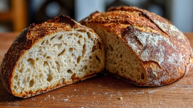 Sliced sourdough bread on a wooden board. Freshly baked crusty artisan loaf showing porous interior for food and bakery themes.