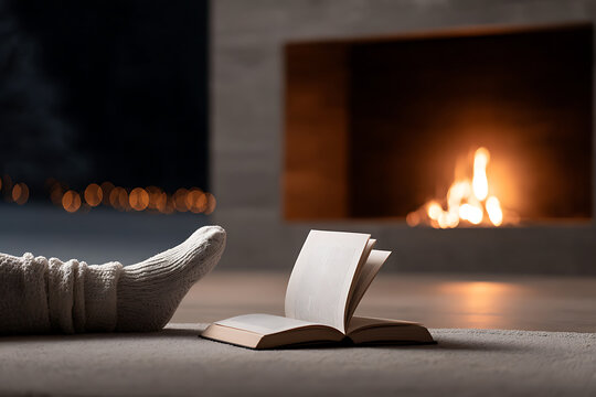 relaxing winter weekend with fireside reading, cozy socks, and peaceful ambiance