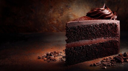 Indulge in Decadence A slice of rich chocolate cake on a dark background for sophisticated dessert promotions and luxurious indulgence