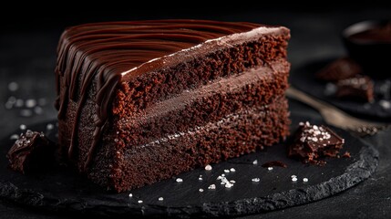 Indulge in decadent dark chocolate cake slice perfection a captivating dessert experience a tempting treat on dark background for foodies