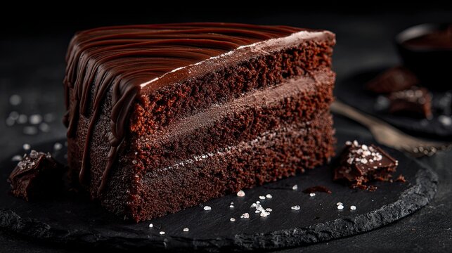 Indulge in decadent dark chocolate cake slice perfection a captivating dessert experience a tempting treat on dark background for foodies