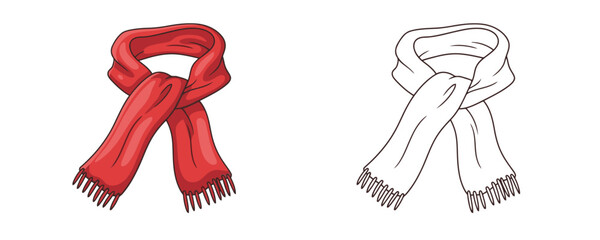 Colored and outline drawing of a warm red winter scarf tied around the neck with tassels illustration on a white background