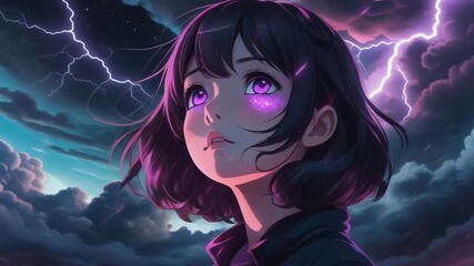 Anime girl with glowing eyes in a stormy sky.
