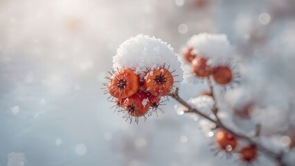 A branch with orange berries covered in snow, with a blurred background and snowflakes falling.