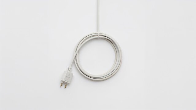 A power cord with a plug arranged in a circular shape against a white wall.