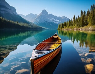 Obraz premium a serene lake scene featuring a wooden canoe mountains and a forest reflecting in the water surface