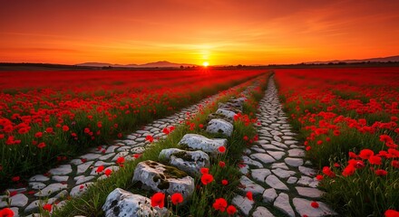 Sunset over a field of red poppies with a stone path.