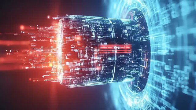 Vibrant energy currents and digital information moving through an innovative cybernetic pipeline, illustrating the future of connectivity and processing power