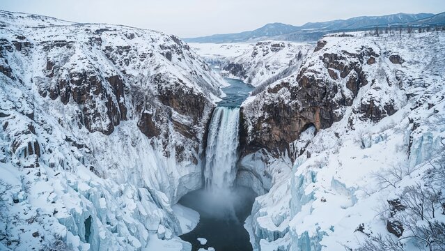 A snowy canyon with a waterfall and icy surroundings, featuring a river flowing through the landscape. The scene captures a winter landscape with rugged terrain and snow-covered cliffs. - Powered by Adobe