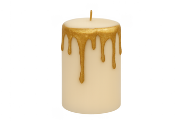Pillar candle with golden glitter drips creating festive decoration