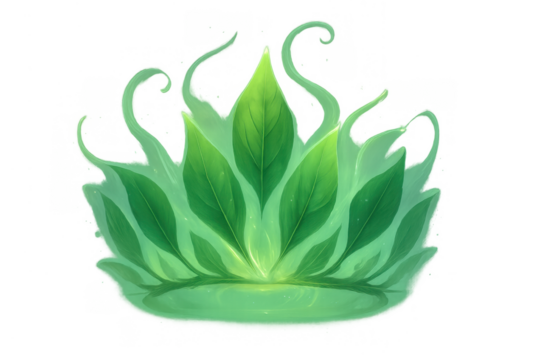 Glowing green leaves forming a mystical lotus flower, symbolizing nature, magic, spirituality, and growth with transparency