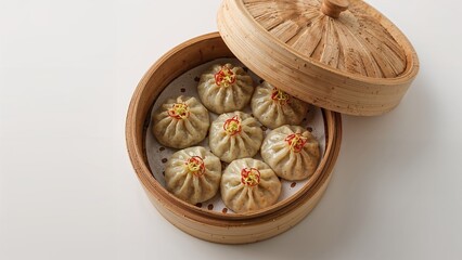 Steamed soup dumplings in a traditional bamboo steamer basket, close-up. Asian cuisine, dim sum, food presentation. Traditional cooking and serving methods.