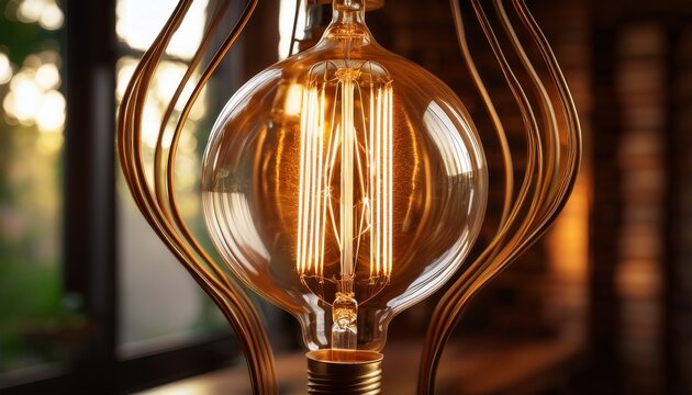 warm glow of vintage edison bulb close up in modern lamp fixture - Powered by Adobe