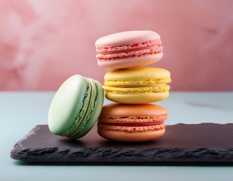 stack of colorful macarons on slate plate with pastel background - Powered by Adobe