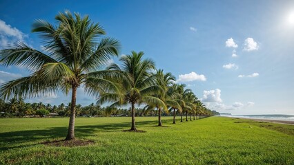 Obraz premium Tropical beach scene with palm trees, green grass, blue sky, and bright sunlight. Nature and landscape outdoor scenery.