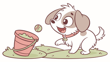 Cartoon Puppy Playing with a Ball and Bucket in a Yard