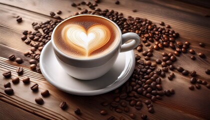 a cup of coffee with a heart shaped latte art on a wooden table with coffee beans scattered around it