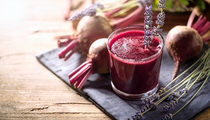 refreshing beetroot smoothie with lavender garnish in sunlight