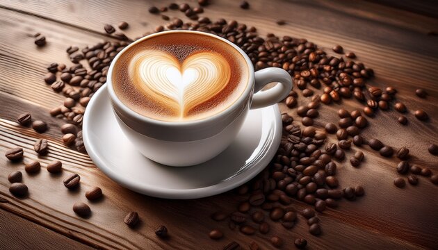 a cup of coffee with a heart shaped latte art on a wooden table with coffee beans scattered around it