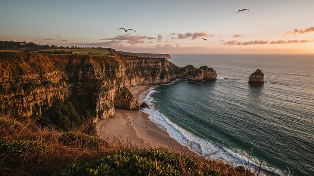 Coastal cliffs with a sandy beach, ocean waves, and flying seagulls during sunset. - Powered by Adobe