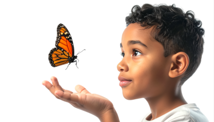 Young boy with butterfly resting on his hand.