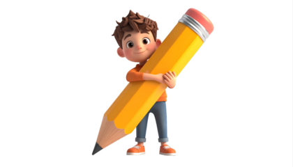 Cartoon boy holding an oversized pencil.