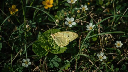 Yellow butterfly perched on green leaves amidst small white flowers and grass.