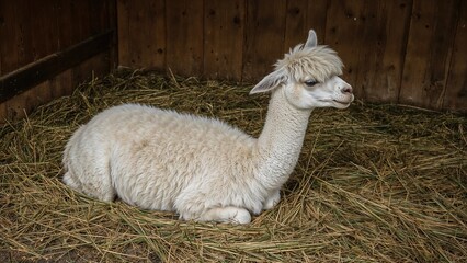 Obraz premium A llama resting on straw inside a wooden enclosure.