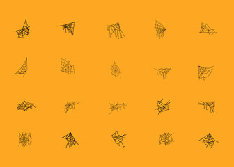 collection of spider webs on an orange background