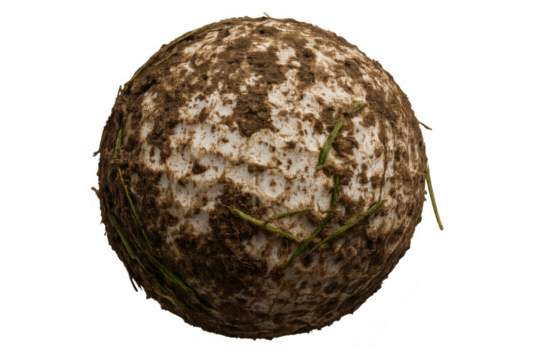 Dirty golf ball covered in mud and grass, showing challenge, struggle, and a tough game on a transparent background