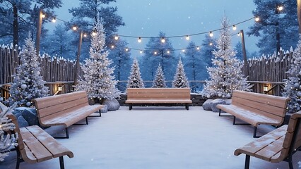 A serene winter park with snow-covered benches and festive string lights.