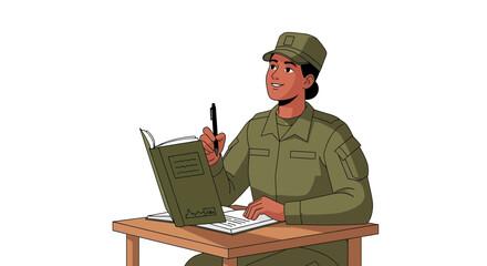 Soldier in uniform reading and studying from a book