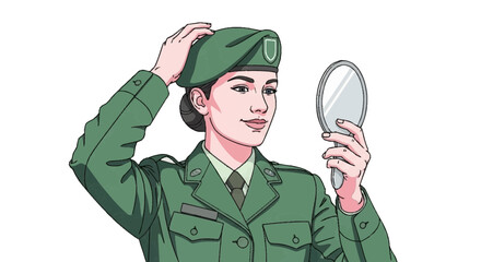 Woman soldier adjusting beret and looking in a handheld mirror
