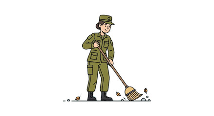 Soldier in uniform sweeping the ground with a broom outdoors