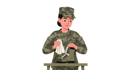 Soldier in uniform cleaning combat boot on table