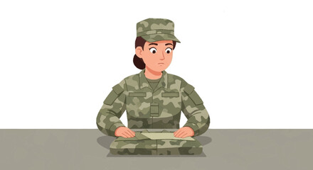 Woman soldier folding uniform on a table with focused expression